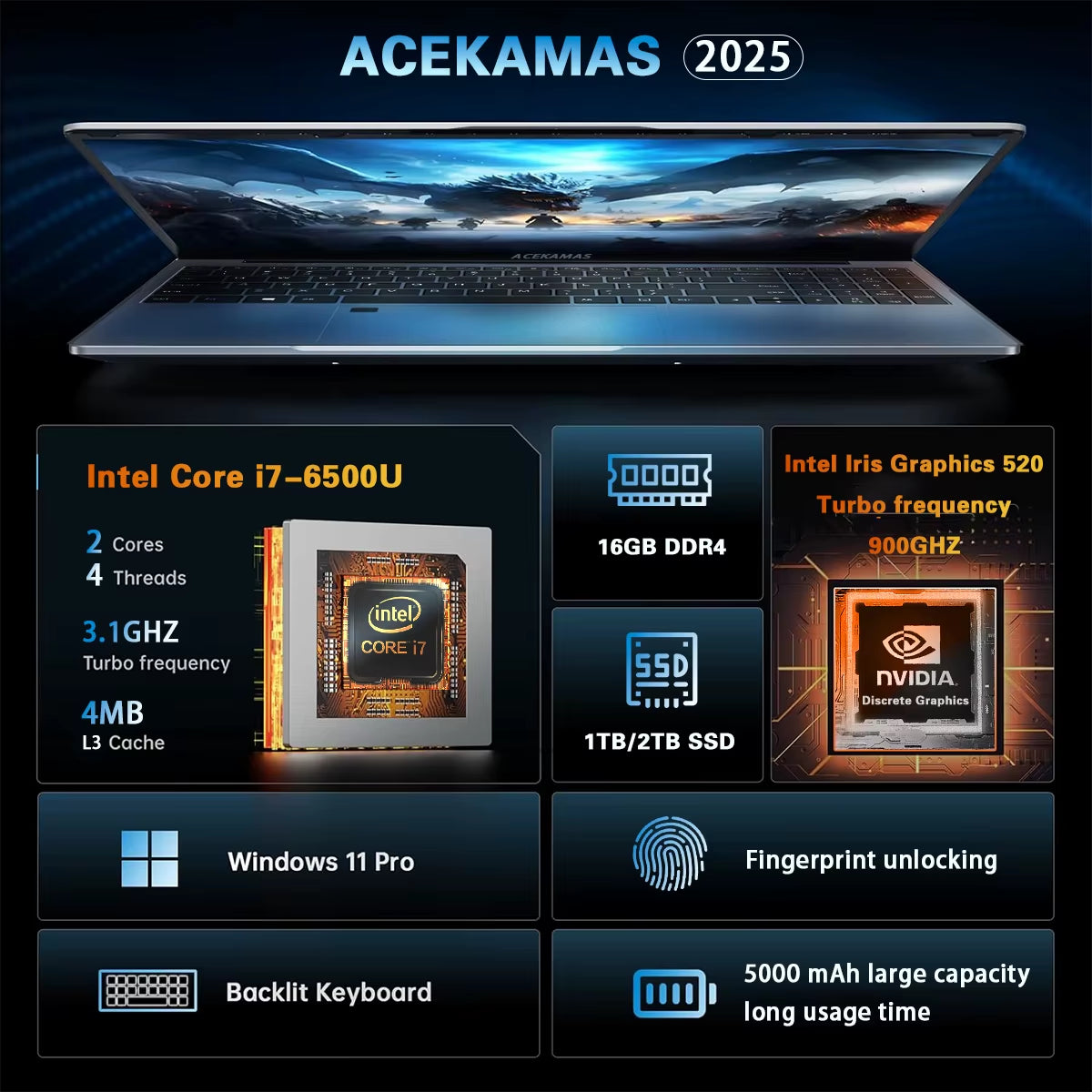 ACEKAMAS 15.6"  Core I7 6500U I3 6100U Laptop Computer Windows 11 Pro 16GB DDR4 1TB SSD Notebook PC Portable Laptops Gaming