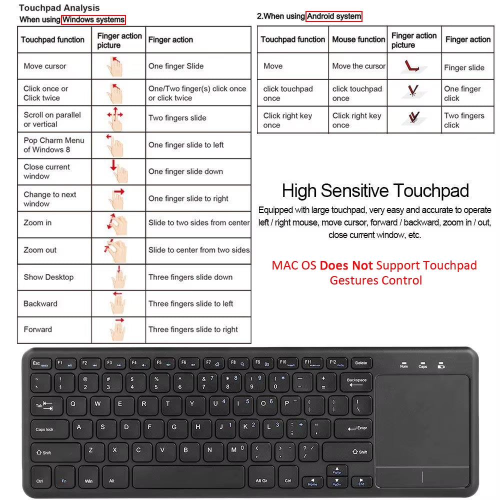 2.4Ghz Ultra Thin Wireless Touch Keyboard with Multi-Touch Touchpad for Windows 10/7 Android TV BOX Notebook Laptop Smart TV