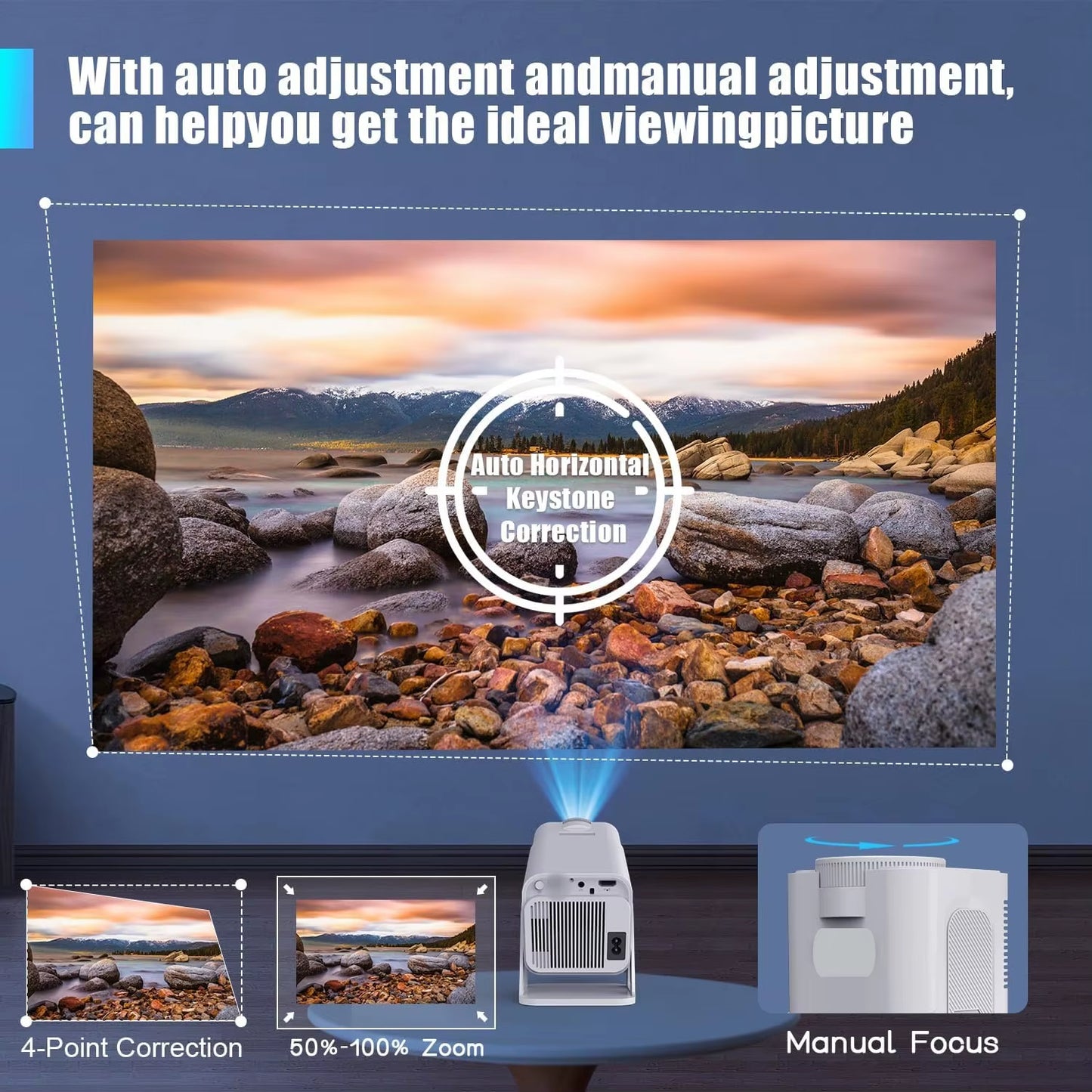 Smart Projector Native 1080P Support 4K, 390 ANSI HD Brightness, Android 11.0, Wifi 6, Auto Focus & Keystone Correction