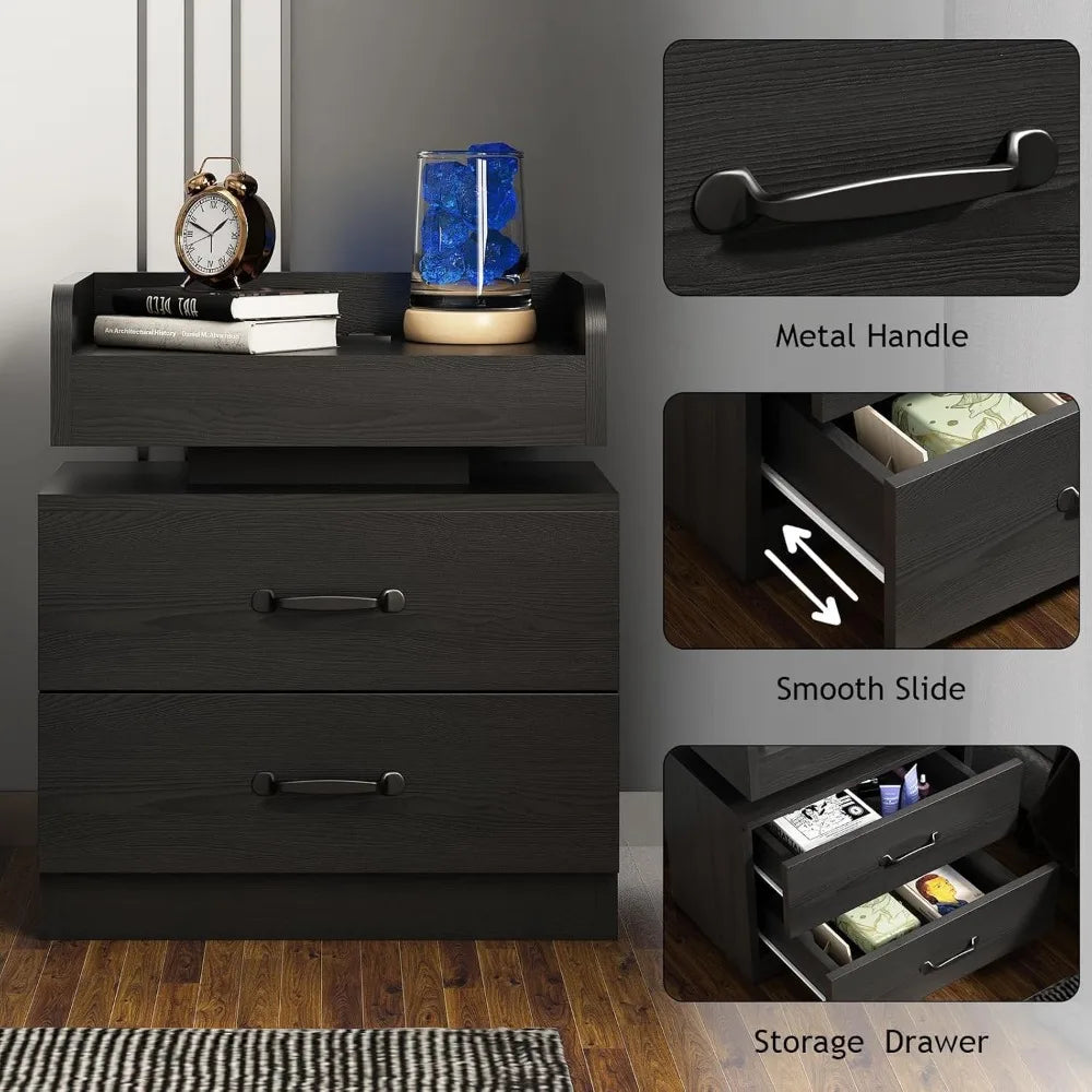 Black Nightstand with Charging Station, Bedside Table for Bedroom, LED Nightstand, Modern Night Stand with Drawers,, Customized