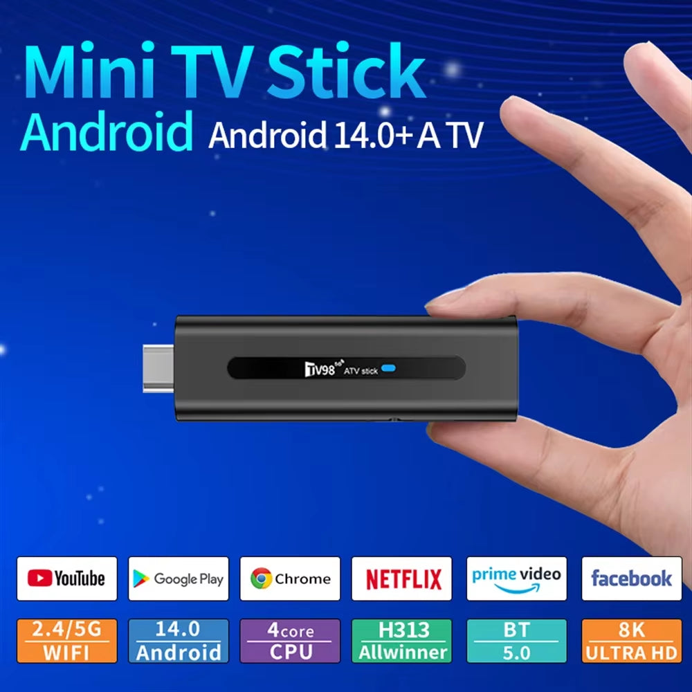 TV98 Mini TV Stick Android 14 TV Stick HDR Set Top Box 8K Video Wifi 2.4/5G Streaming Smart TV Box for Network Media Player