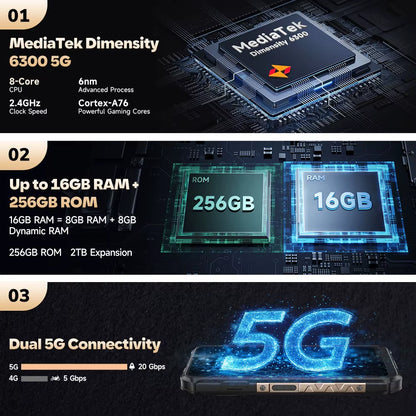 Armor X16 Pro 5G Rugged Phone 10360Mah up to 16GB RAM 256GB ROM 120Hz 6.56" Android Smartphone with Google Gemini