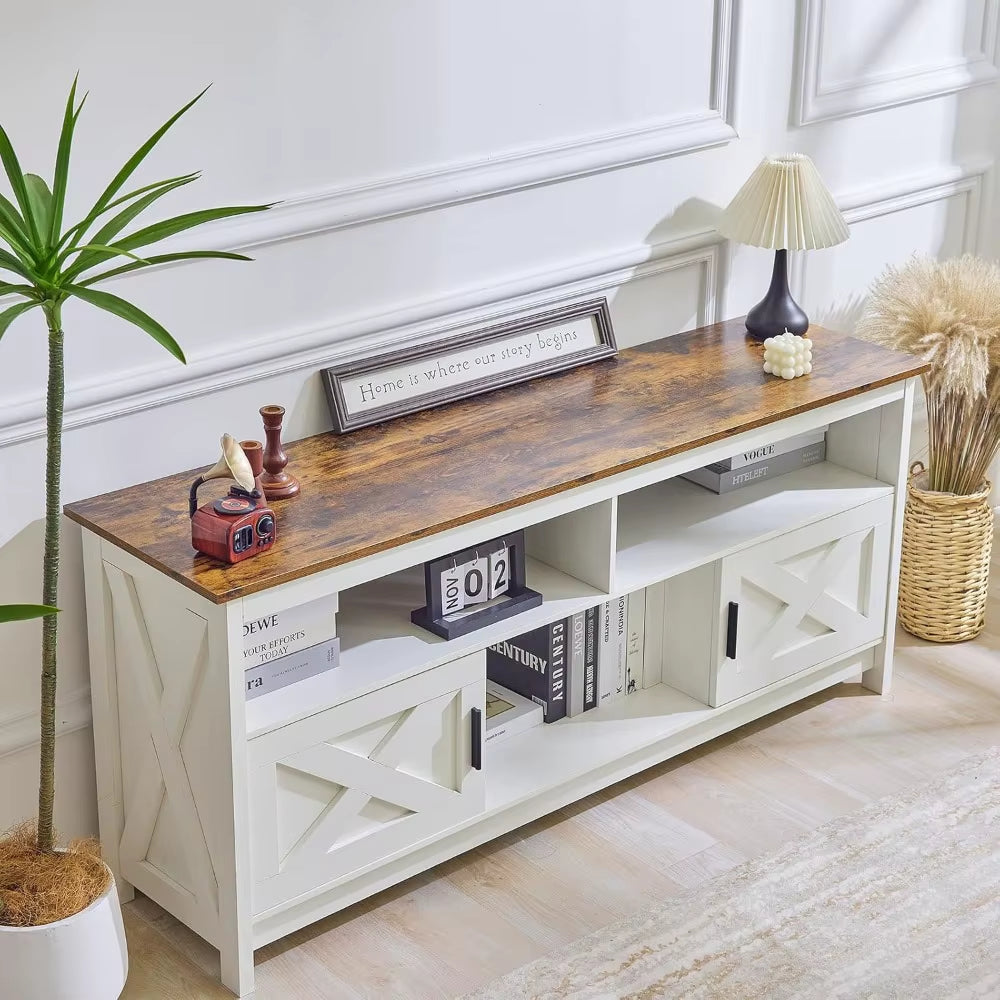 Redlife 65 Inch Tv Stand, White Farmhouse Tv Stand, Entertainment Center with Power Outlets for Tvs, Rustic Tv Stand with Storag