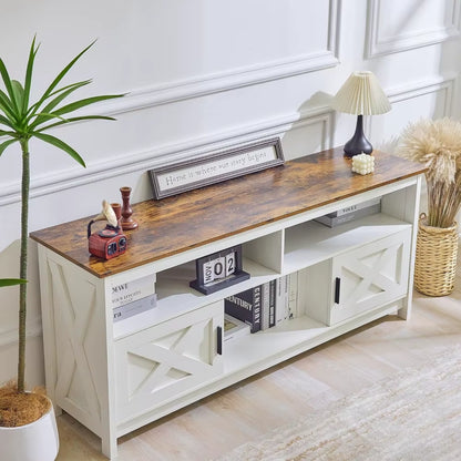 Redlife 65 Inch Tv Stand, White Farmhouse Tv Stand, Entertainment Center with Power Outlets for Tvs, Rustic Tv Stand with Storag