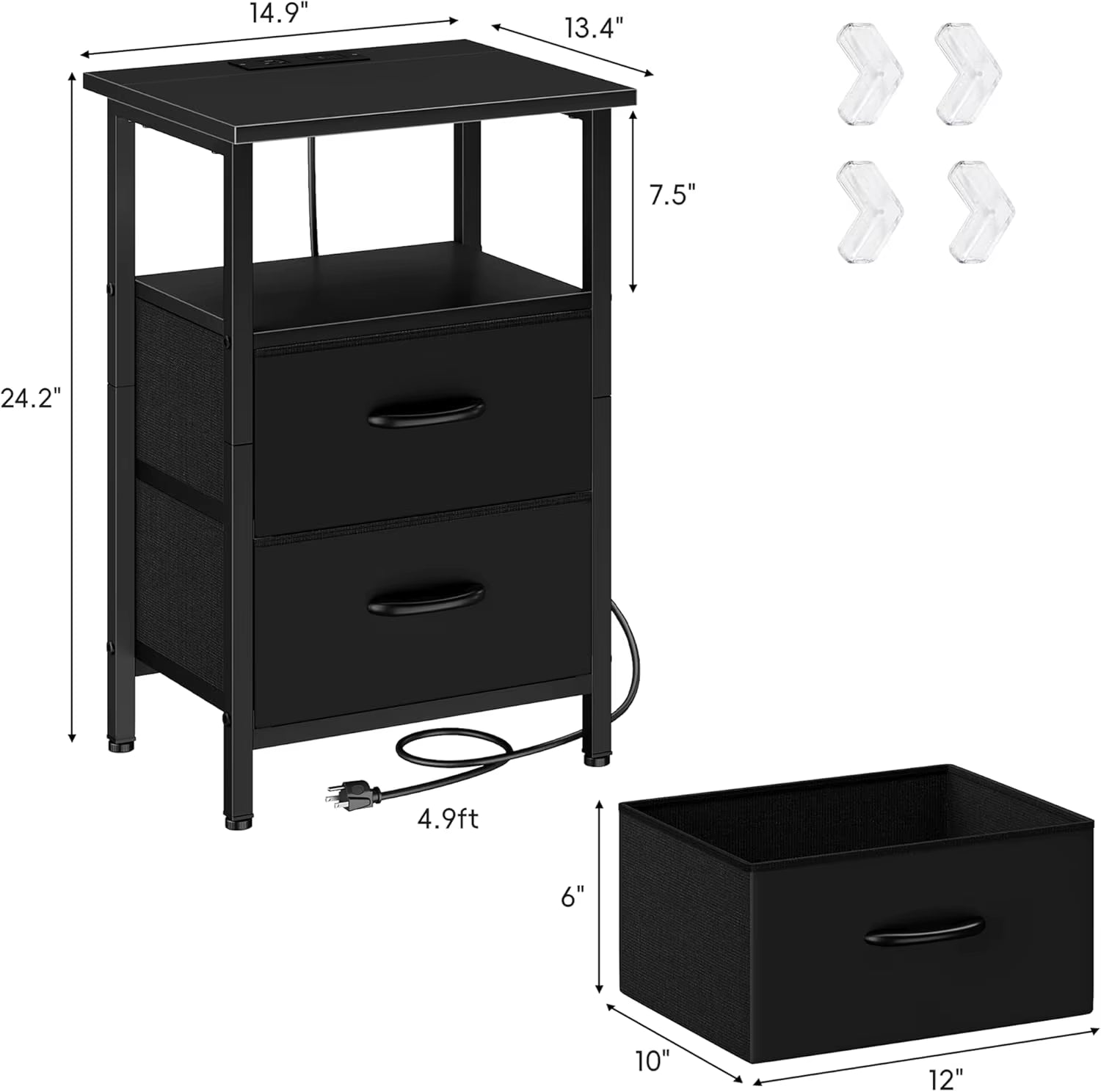 2-Piece Nightstand Set with LED Lights & Charging Station, 2 Fabric Drawers & Storage Shelves, Black Bedside Tables for Bedroom