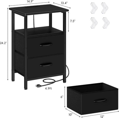 2-Piece Nightstand Set with LED Lights & Charging Station, 2 Fabric Drawers & Storage Shelves, Black Bedside Tables for Bedroom