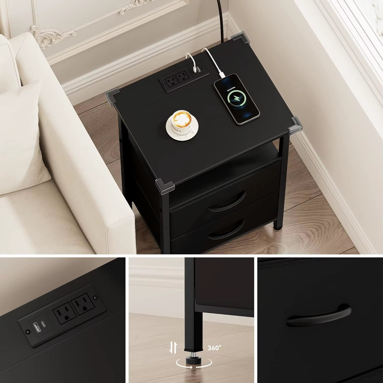 2-Piece Nightstand Set with LED Lights & Charging Station, 2 Fabric Drawers & Storage Shelves, Black Bedside Tables for Bedroom
