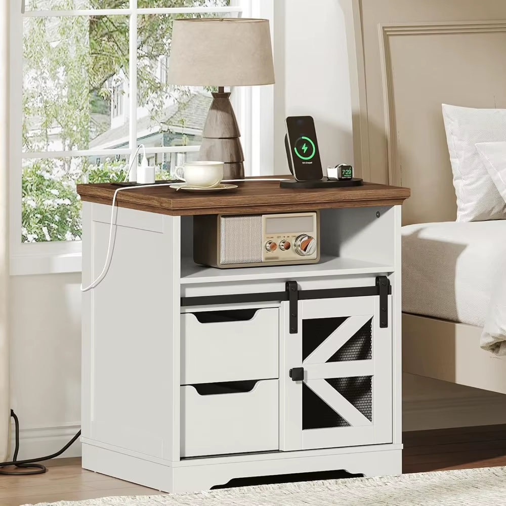 Farmhouse End Table with Charging Station, 2 Drawers & Barn Door, Rustic Wooden Nightstand for Bedroom Living Room