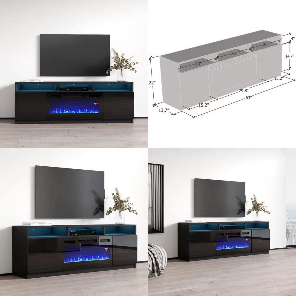 Modern Electric Fireplace TV Stand with High Gloss Finish and Storage Cabinets - 63 Inch Entertainment Center for Living Room