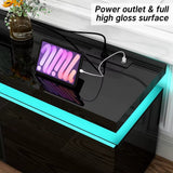 Black High Gloss LED TV Stand with Electric Fireplace and Power Outlet, 2 Storage Cabinets for 95 "TV Modern Furniture