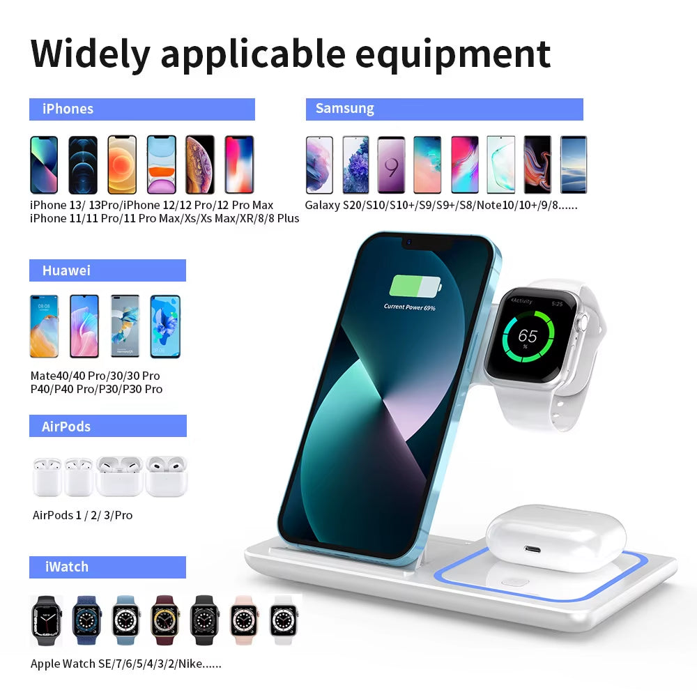30W LED Fast Wireless Charger Stand 3 in 1 Foldable Charging Station,For Iphone/Apple Watch 9 8 7 6 5/Airpods Pro