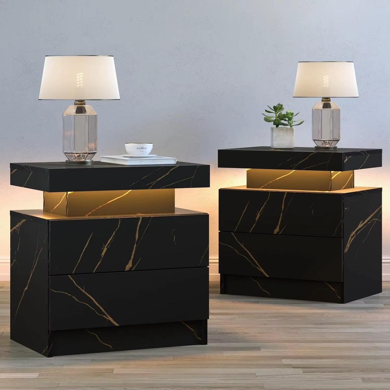 Nightstand LED Set of 2 Black Bedside Table LED Night Stand with LED Lights Modern End Side Table with 2 Drawers for Bedroom