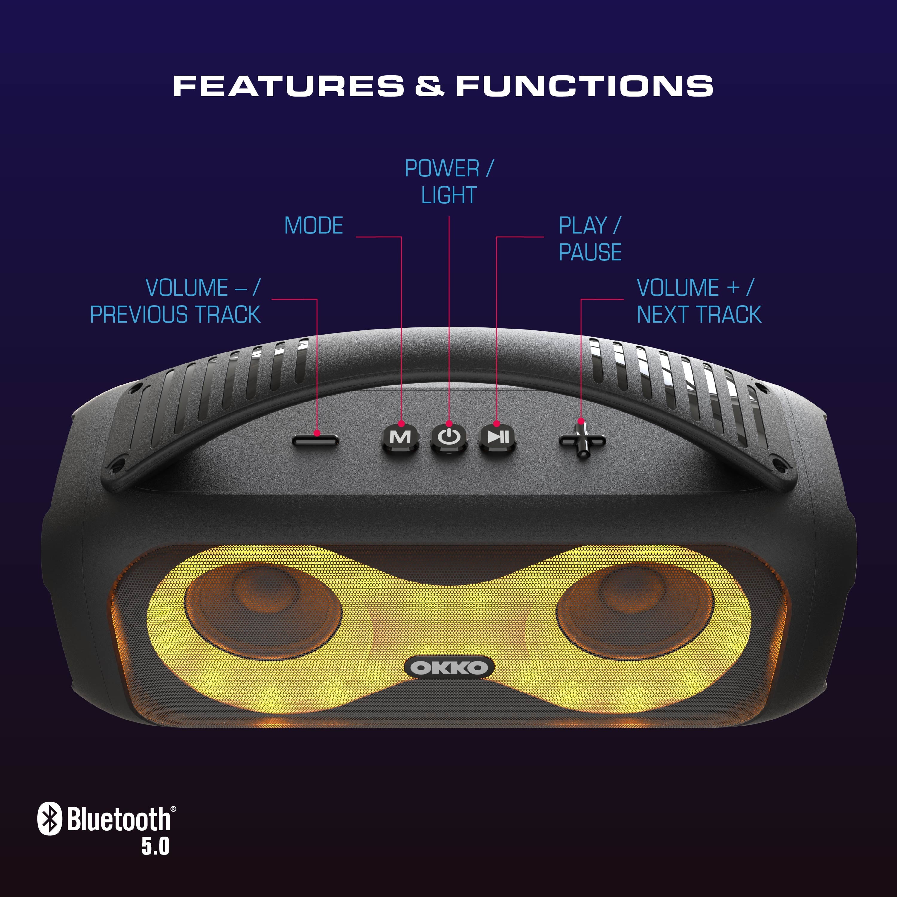 Portable Bluetooth Speaker with LED Lights and Carrying Handle, Black