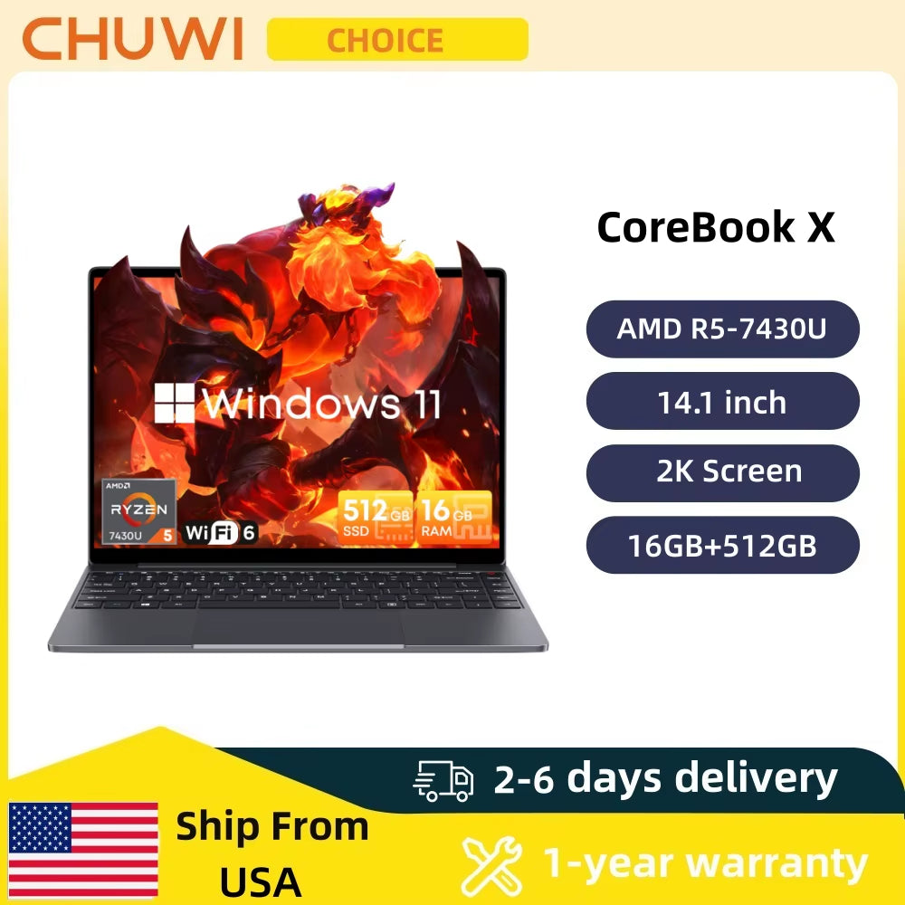 CHUWI Corebook X Gaming Laptop 14.1 Inch 2K IPS Screen  R5-7430U 16GB DDR4 RAM 512GB SSD Windows 11 Wifi6 Notebook Computer