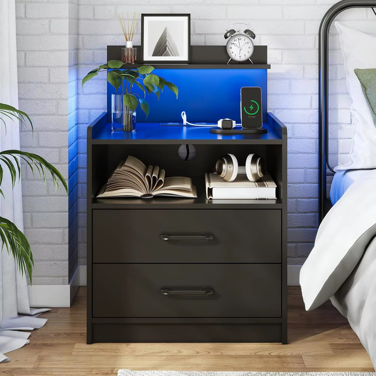 Modern LED Nightstand with Charging Station, 2 Drawers, USB Ports & RGB Lights - Black