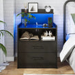 Modern LED Nightstand with Charging Station, 2 Drawers, USB Ports & RGB Lights - Black