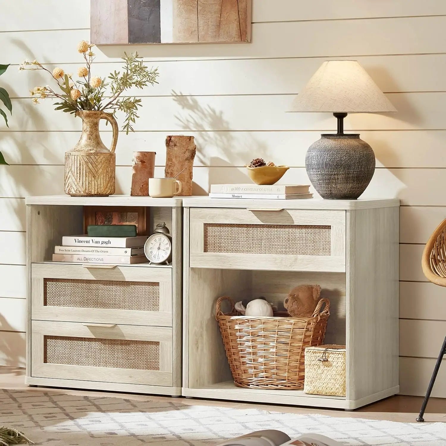 Rattan Nightstand Set of 2 with Charging Station, 1 & 2 Drawers Boho Night Stand Dresser for Bedroom, Natural Wood, Customized