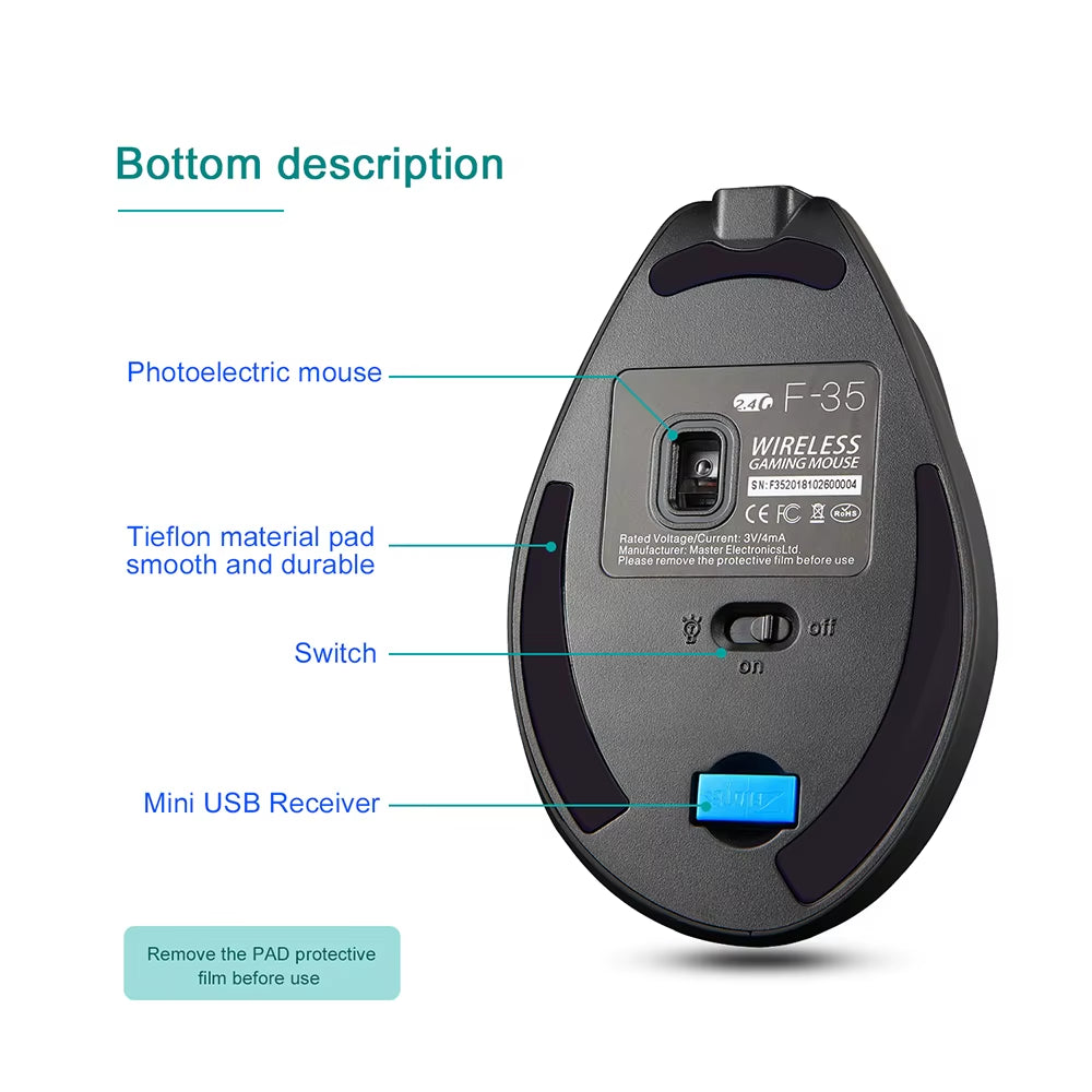 F35 Wireless Mouse Vertical Rechargeable Ergonomic Mouse 2400 DPI Optical Gaming Mice for Gamer Computer Laptop PC Mac IOS