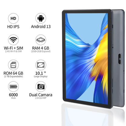 10.1 Inch Tablet PC Android 13 64 GB Quad Core Touch Screen Wifi with SIM Slot Support 3G Phone Call