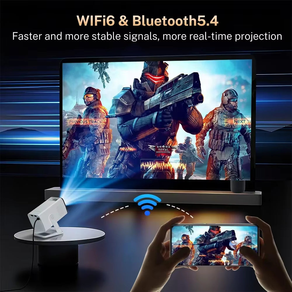 Mini Projector 1080P/4K Supported, Wifi 6 & Bluetooth 5.4, Android TV Short Throw Portable Beamer for Home Theater Outdoor Movie