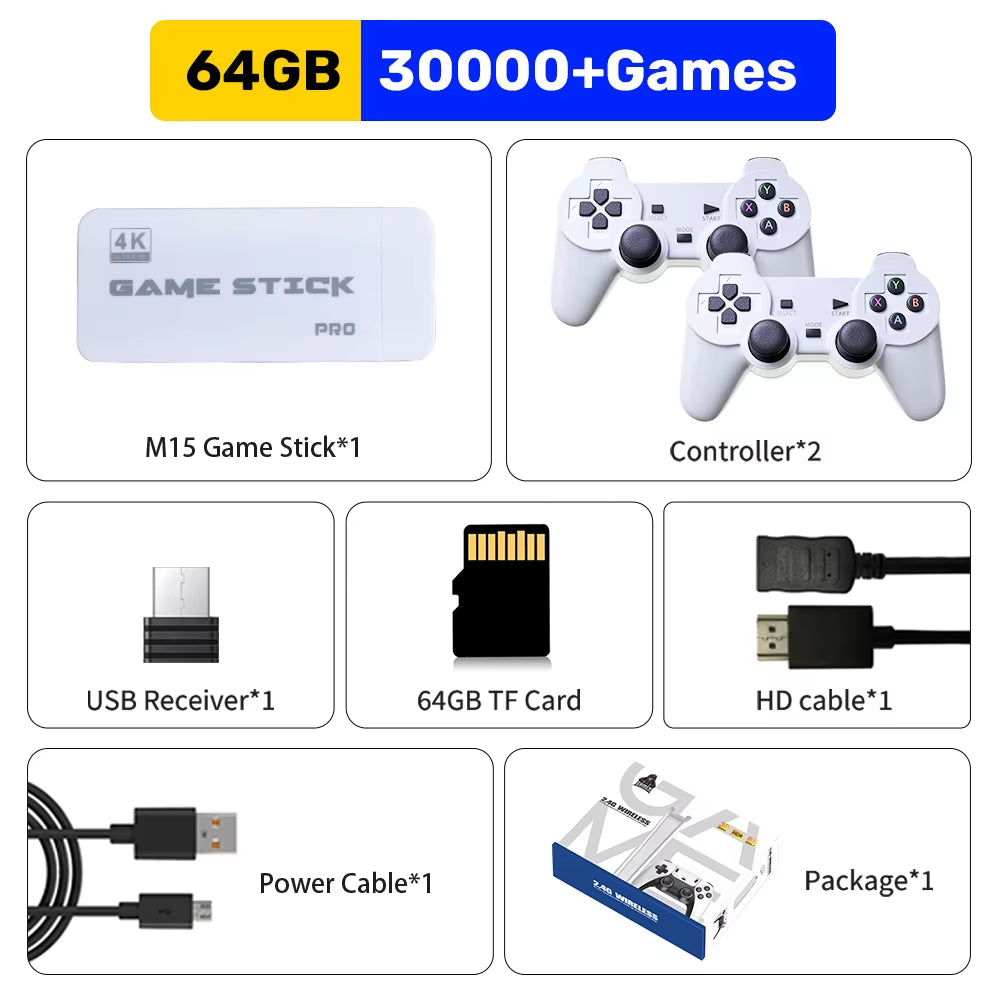M15 Game Stick 64G Video Game Console 4K UHD Output with 30000+ Retro Games for PS1/MAME/SNES with Wireless Controllers