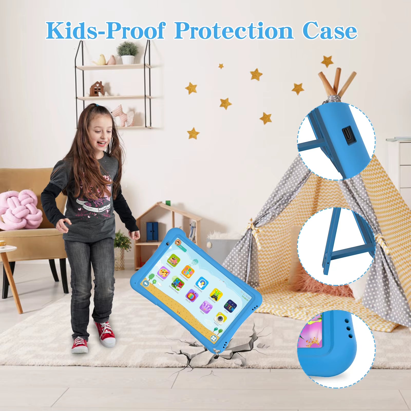 10 Inch Kids Tablet Android 12, 4GB(2+2)+32GB, Quad Core, 6000 Mah, Wifi 6, Dual Camera, Bluetooth, Toddler Tablet