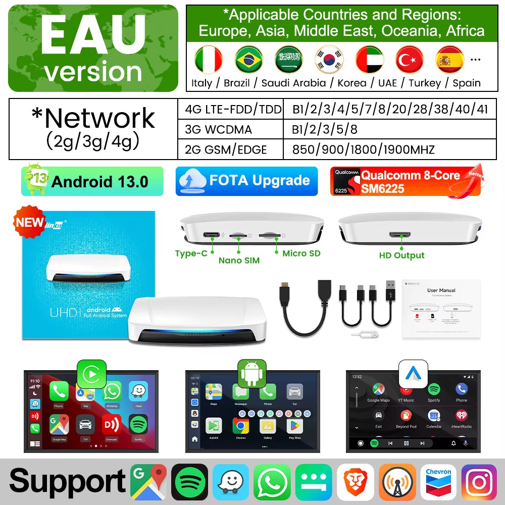 UHD Android 13 Smart TV Box Qualcomm 8-Core Wireless Carplay Android Auto Adapter GPS HDMI Video Output Carplay Ai Box