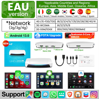 UHD Android 13 Smart TV Box Qualcomm 8-Core Wireless Carplay Android Auto Adapter GPS HDMI Video Output Carplay Ai Box