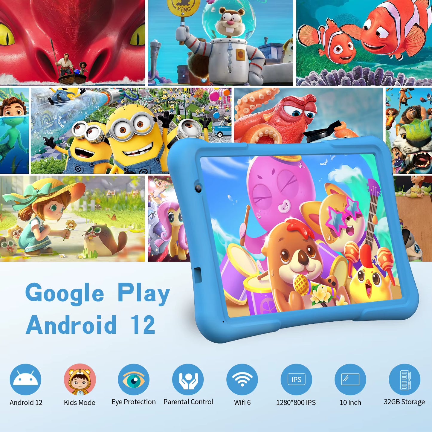 10 Inch Kids Tablet Android 12, 4GB(2+2)+32GB, Quad Core, 6000 Mah, Wifi 6, Dual Camera, Bluetooth, Toddler Tablet