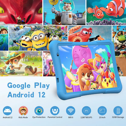 10 Inch Kids Tablet Android 12, 4GB(2+2)+32GB, Quad Core, 6000 Mah, Wifi 6, Dual Camera, Bluetooth, Toddler Tablet