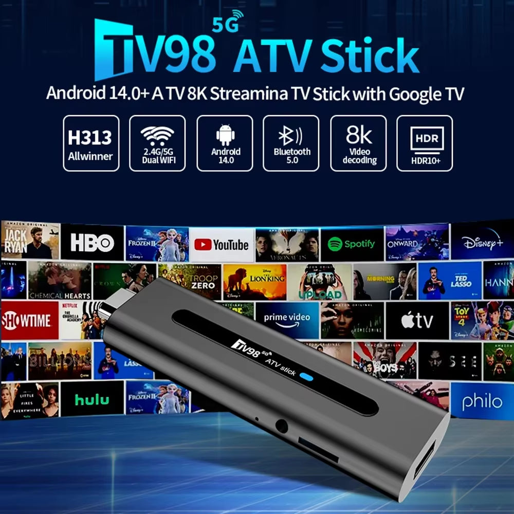 TV98 Mini TV Stick Android 14 TV Stick HDR Set Top Box 8K Video Wifi 2.4/5G Streaming Smart TV Box for Network Media Player