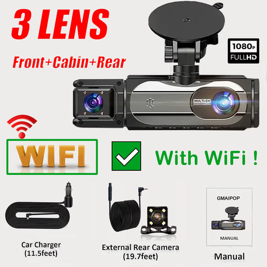 1080P WIFI Dash Cam for Cars 3Ch Front Rear and inside Car Camera with IR Night Vision Loop Recording Wide Angle Car DVR