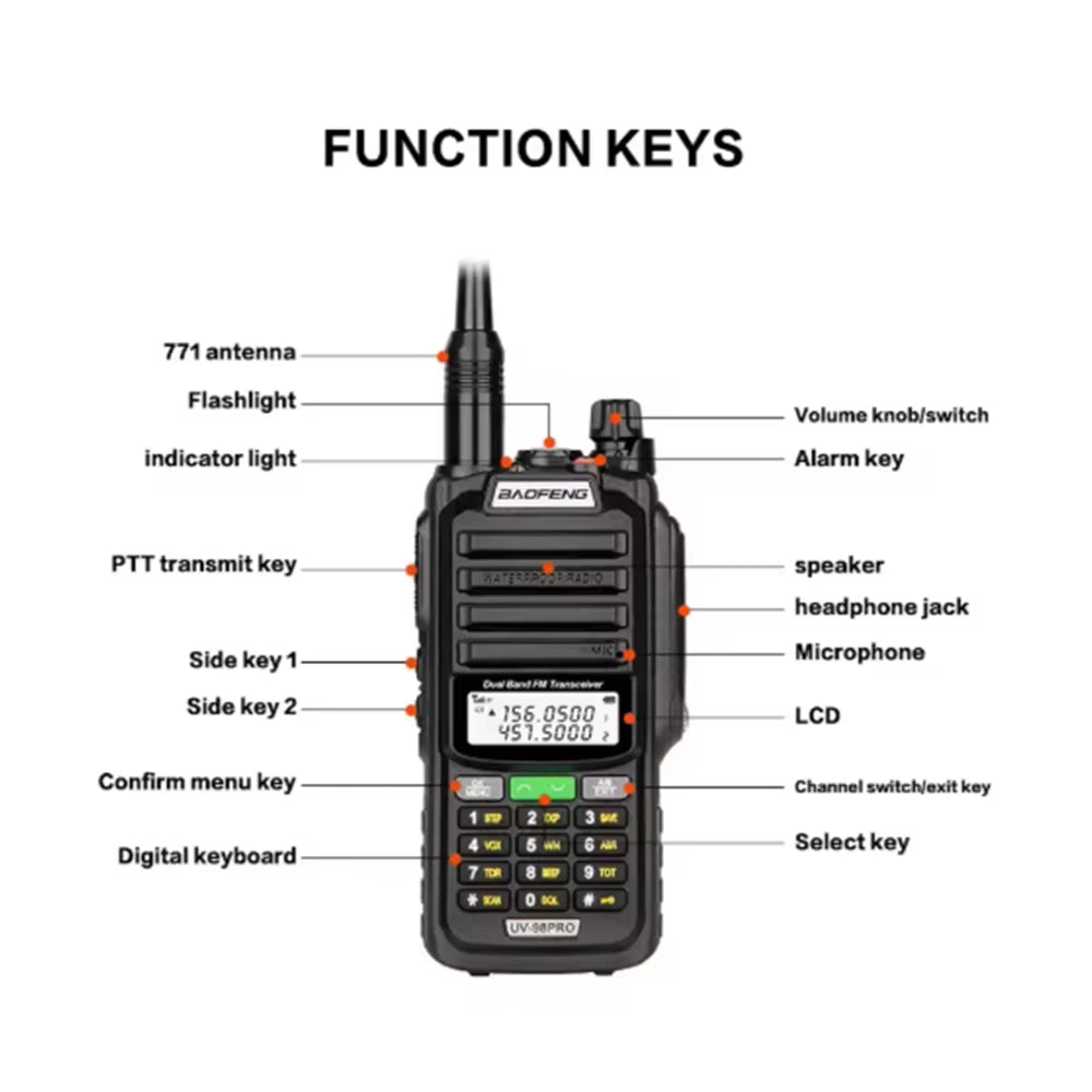 UV-98 PRO Walkie Talkie Long Range 10W High Power IP68 Waterproof Two Way Radio Dual Band FM Portable Hunting Radios