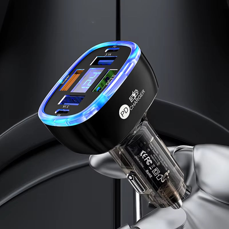 USB C Car Phone Charger 6 in 1 with Voltage Display Super Fast Charge Adapter for Samsung Iphone 16 15 Pro Max Oneplus