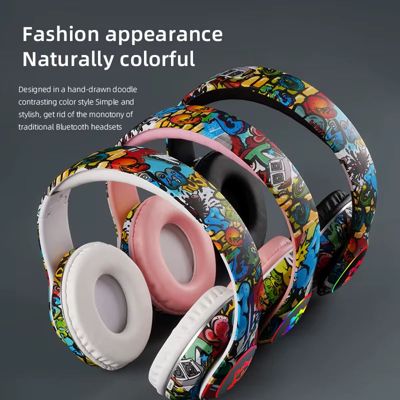 Graffiti Bluetooth Headphones Wireless LED Light Game Doodle Wireless Headsets with Mic for Kids Boy Girl Gift Support TF Card