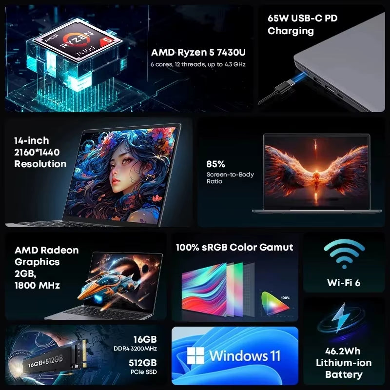 CHUWI Corebook X Gaming Laptop 14.1 Inch 2K IPS Screen  R5-7430U 16GB DDR4 RAM 512GB SSD Windows 11 Wifi6 Notebook Computer