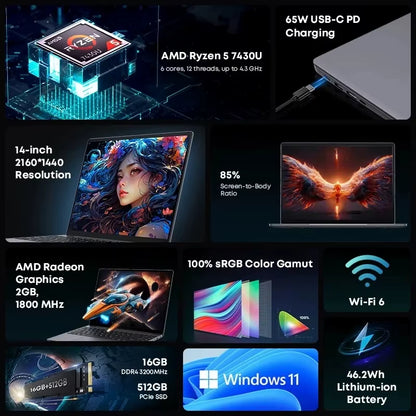 CHUWI Corebook X Gaming Laptop 14.1 Inch 2K IPS Screen  R5-7430U 16GB DDR4 RAM 512GB SSD Windows 11 Wifi6 Notebook Computer