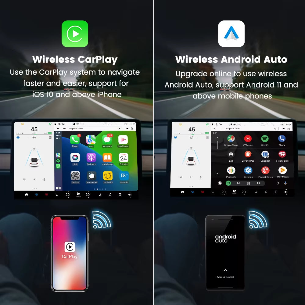 Wireless Carplay Android Auto for Tesla Model 3 Model X Y Model S Auto Connect Siri Voice Assistant Spotify Waze 5G BT