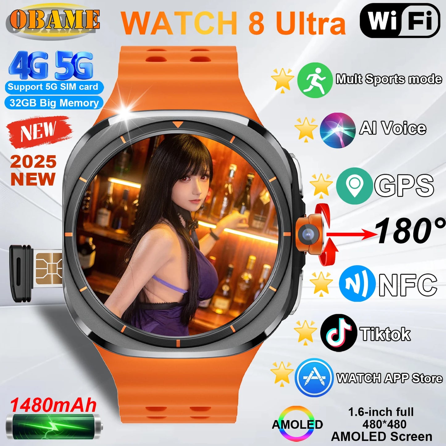 2025New WATCH 7 Ultra Upgrade 5G Smart Watch Men 1480Mah 32GB Memory 480*480 HD Screen Camera NFC GPS Compass Sports Smartwatch