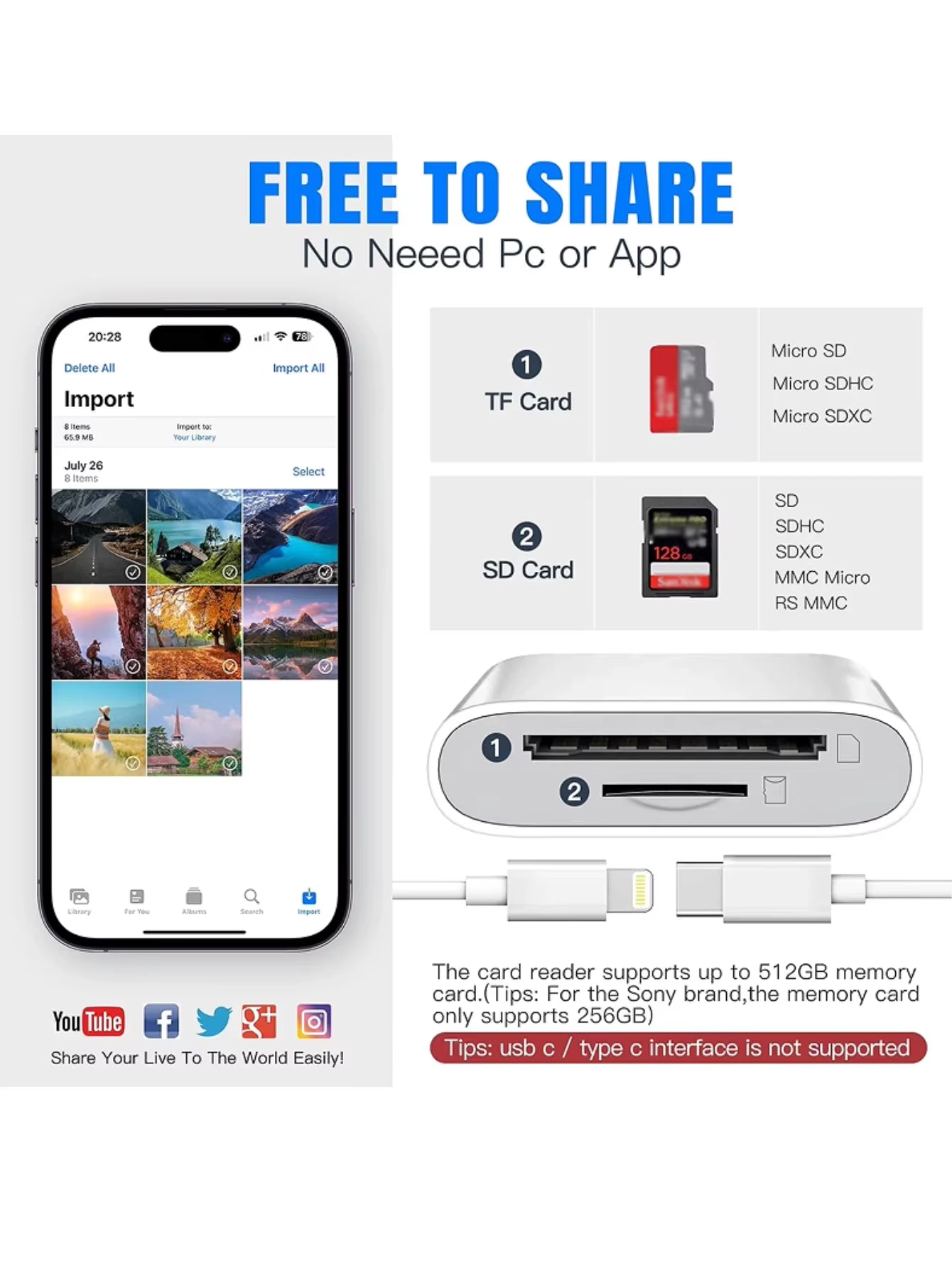 Dual-Card Dual-Wire Card Reader, Supports SD/TF Card Reader, Suitable for Apple Type-C Mobile Phones and Tablets