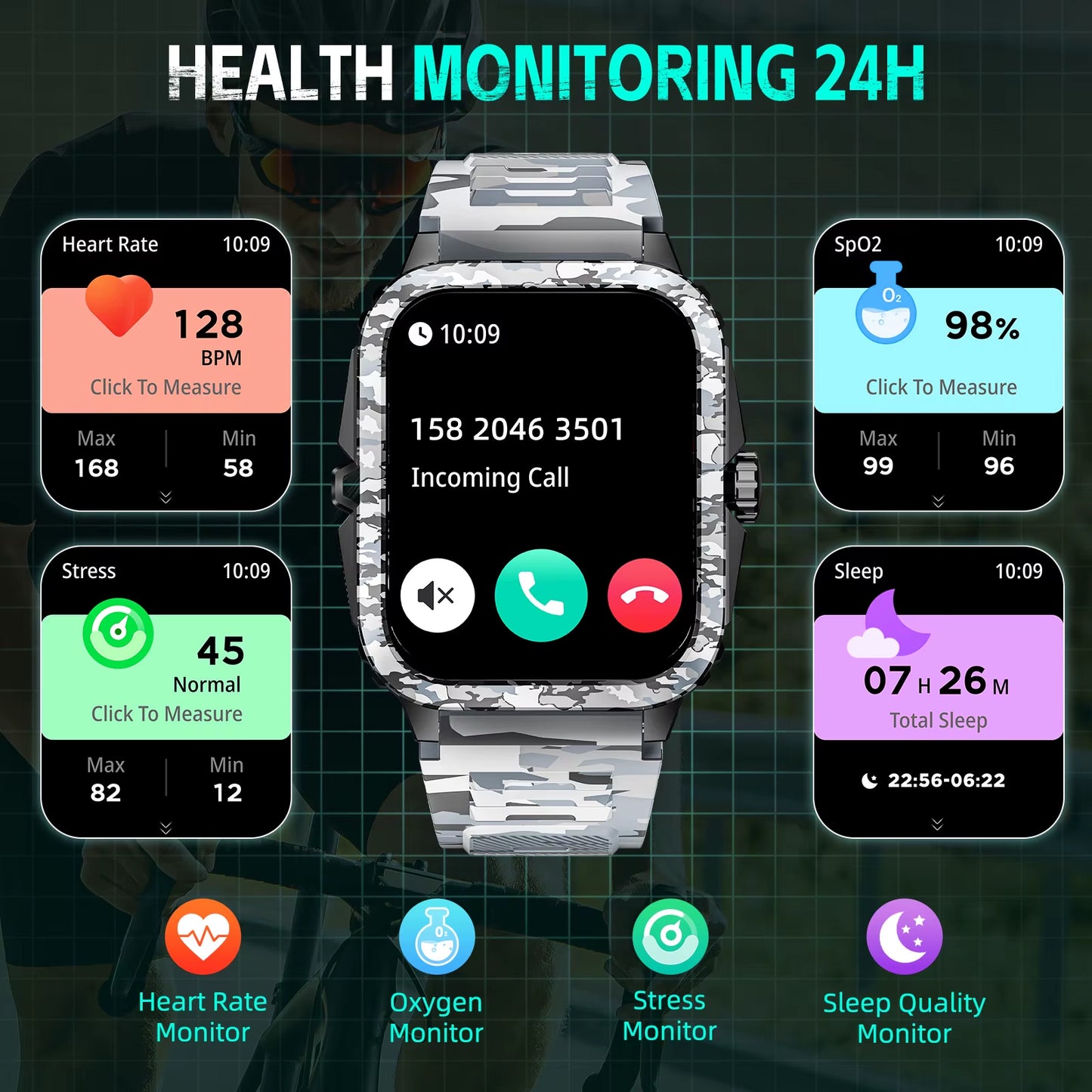 New Smart Watch for Men 3ATM Waterproof 1.96"HD Big Screen Rugged Smart Watch Heart Rate/Spo2/Sleep Monitor Fitness Watch