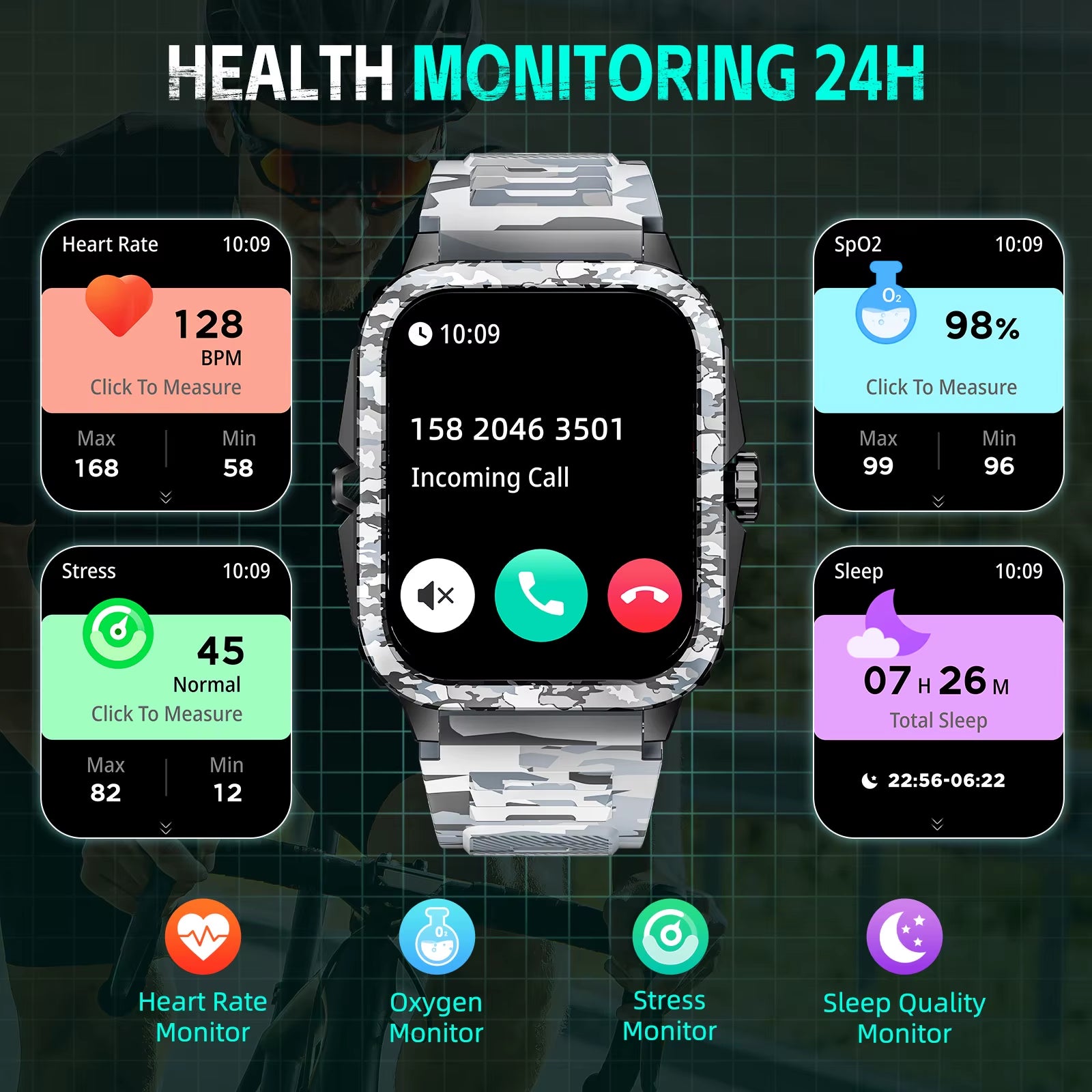 New Smart Watch for Men 3ATM Waterproof 1.96"HD Big Screen Rugged Smart Watch Heart Rate/Spo2/Sleep Monitor Fitness Watch