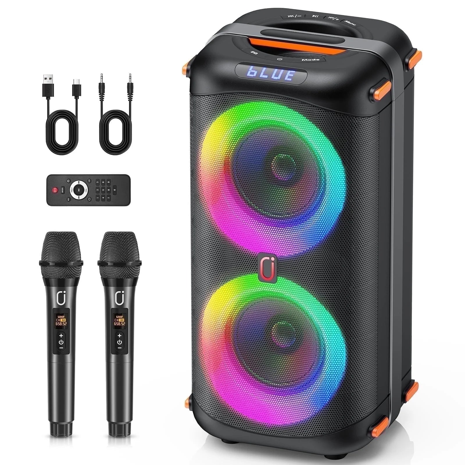 Bluetooth Speaker, Home Singing Portable Party Speaker with 2 Microphones, Dual 6.5'' Subwoofer Deep Bass, Rgb Lights, T27-T