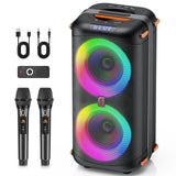 Bluetooth Speaker, Home Singing Portable Party Speaker with 2 Microphones, Dual 6.5'' Subwoofer Deep Bass, Rgb Lights, T27-T