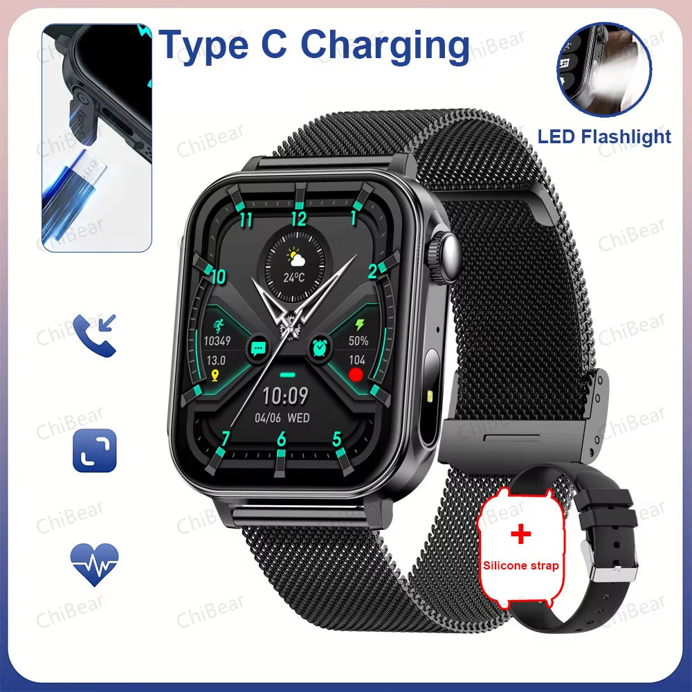 New Type-C Charging Bluetooth Call Smart Watch 1.83‘’ HD Full Screen Touch Flashlight 100+ Sports Mode Waterproof Smartwatch
