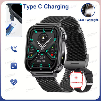 New Type-C Charging Bluetooth Call Smart Watch 1.83‘’ HD Full Screen Touch Flashlight 100+ Sports Mode Waterproof Smartwatch