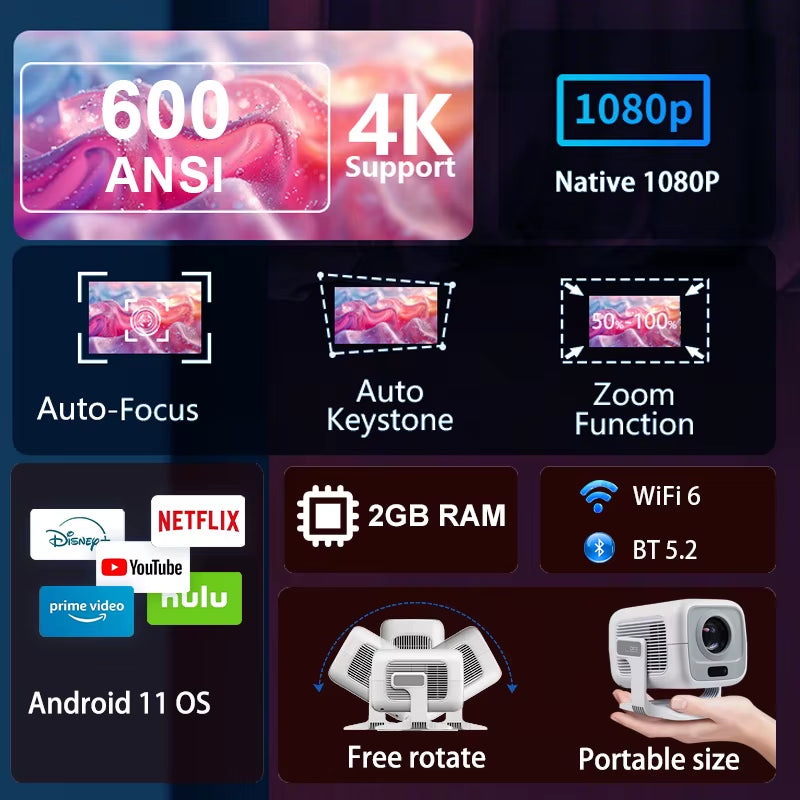 4K Projector Android Native Portable 1080P Auto Focus 600ANSI Video Home Cinema Outdoor Hd Led Projetor