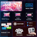 4K Projector Android Native Portable 1080P Auto Focus 600ANSI Video Home Cinema Outdoor Hd Led Projetor