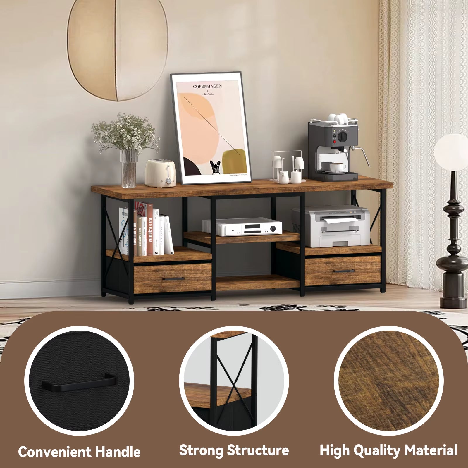 55" TV Stand with Fabric Drawers-Brown