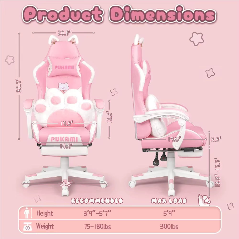 Cute Pink Gaming Chair with Cat Ears & Paw Lumbar Cushion, Ergonomic Reclining PC Chair for Girls with Footrest